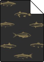 Proefstaal ESTAhome behang pentekening vissen zwart en goud - 139124 - 26,5 x 21 cm