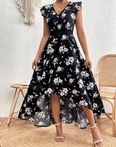 Prachtige sexy elegante zwarte jurk met bloemen maxi lange jurk maat L