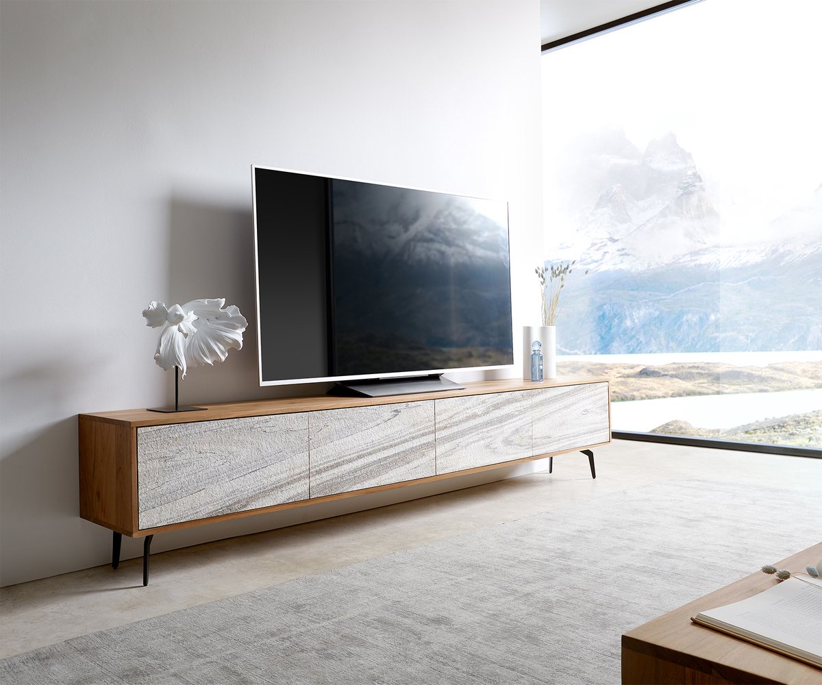 Tv-meubel Kleo acacia natuur 220 cm 4 deurs hoekpoot metaal zwart Lowboard