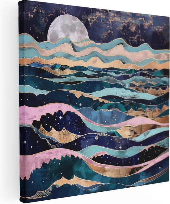 Artaza Canvas Schilderij Kunstwerk van de Oceaan met Golven en een Maan - 30x30 - Klein - Foto Op Canvas - Canvas Print