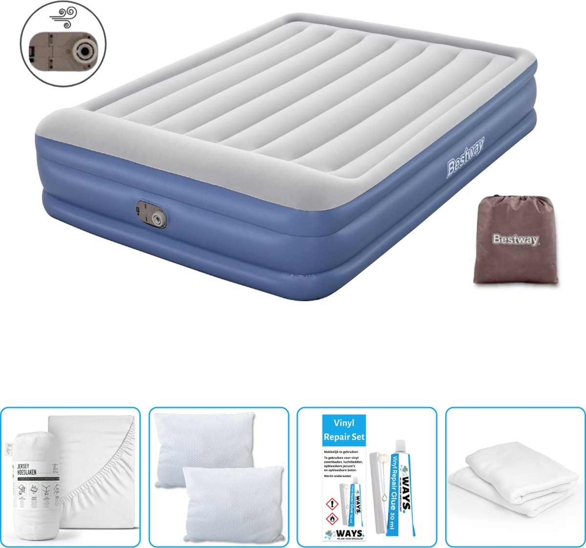 Bestway luchtbed - 2-Persoons - 152 x 203 x 46 cm - Grijs/Blauw - Inclusief pomp - Hoeslaken - Kussen - Kussenbeschermer en Reparatieset