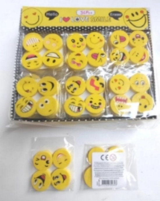 4 x Smiley Gummen - Gum - Gommen - Schoolgum - Emoji Gum - Emoji Gummen Set - 4 delig - Emoticon Gummenset