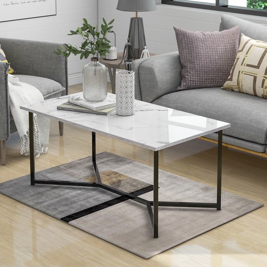 Sweiko Table basse rectangulaire moderne, plateau de table à motif imitation marbre, blanc