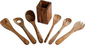 Duurzame keukenhulpset van hout: houten kookbestekset met spatel, kooklepel pollepel, opscheplepel + olijfzak – 8-delige set keukenset – hoogwaardig en duurzaam