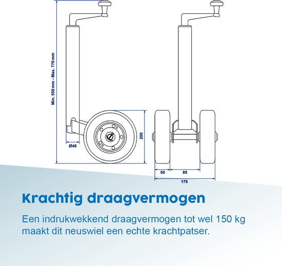 ProPlus Neuswiel voor Aanhanger Ø48 mm - Draagvermogen tot 150kg - Hoogte 55-77 cm - Dubbel Wiel - Steunwiel met Stalen Velg - Massief Rubberen Banden - Bandenmaat Ø200 x 50 mm van ProPlus — afbeelding 2