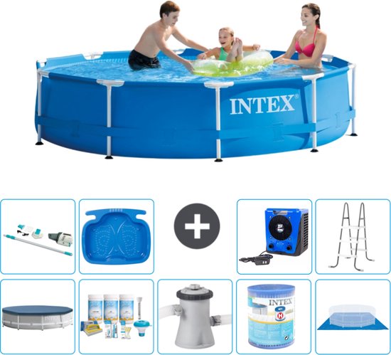 Intex Rond Frame Zwembad - 305 x 76 cm - Blauw - Inclusief Afdekzeil - Onderhoudspakket - Zwembadfilterpomp - Filter - Grondzeil - Stofzuiger - Ladder - Voetenbad - Warmtepomp