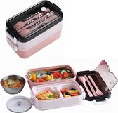 2-delig Bento Lunchbox Lunchtrommel met Bestek en Soepkom | Luchtdicht Lekvrij | Magnetron- en Vaatwasserbestendig 21.5x11x15 CM 1100ML -Roze
