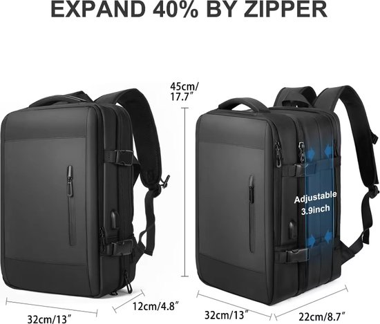 Avoir Avoir®-Sac à dos de voyage/week-end unisexe polyvalent et élégant- Grijs-36-55 litres-45x32x22 cm-Matériau de doublure en NYLON-Poignée confortable-Sortie USB-Compartiment pour ordinateur portable 17 pouces