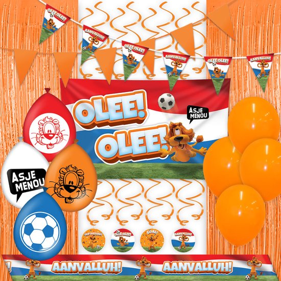 LUQ - Loeki EK WK Pakket Compleet Rood Wit Blauw Versiering Slingers Vlaggenlijn Oranje Ballonnen Loeki de Leeuw