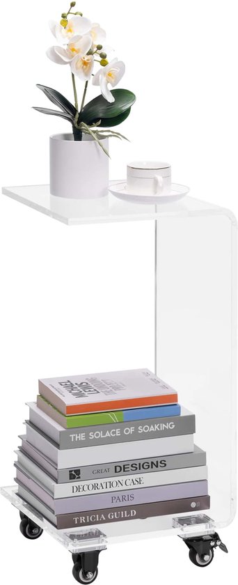 Navaris acryl bijzettafel op wieltjes - Roltafel - Past onder bank en bed - Laptop tafel - Banktafeltje - Bedtafel - 66 x 30 x 30 cm - Transparant
