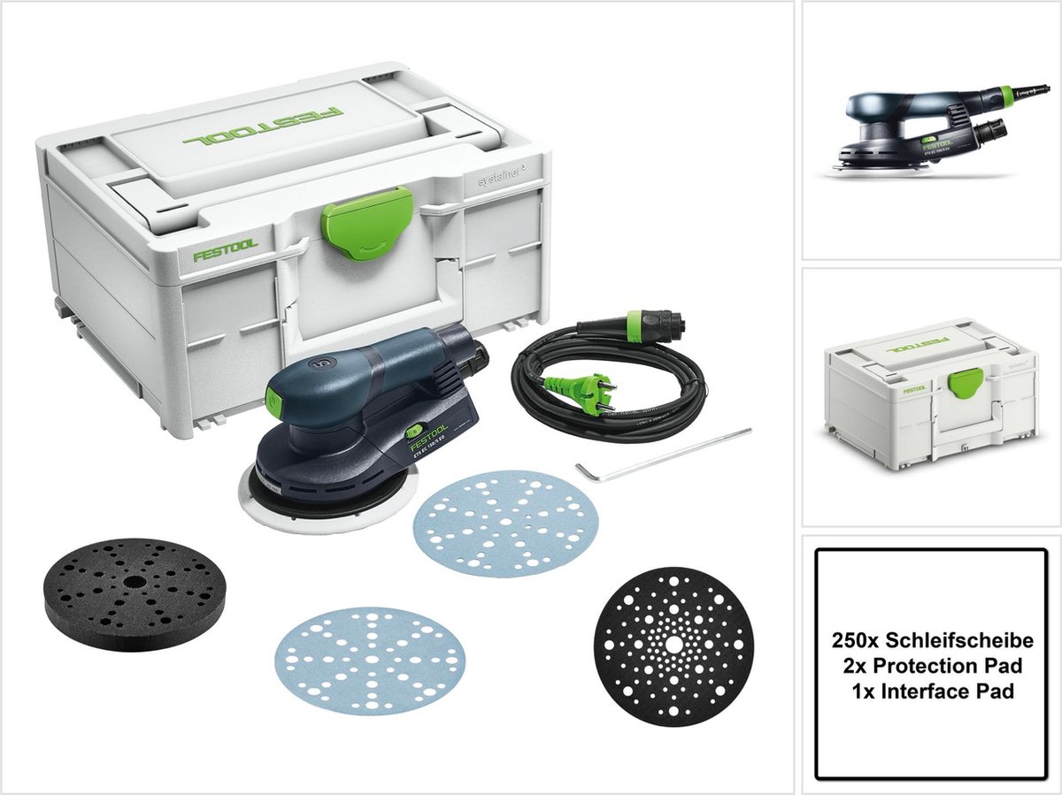 Festool ETS EC 150/5 EQ-Plus excenterschuurmachine 400 W 150 mm borstelloos + 250x schuurschijf + 2x steunschijf + steunschijf + systainer