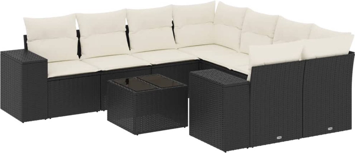 vidaXL 9-delige - Loungeset - met - kussens - poly - rattan - zwart