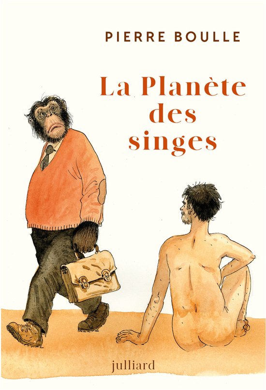 Couverture du livre 'La Planète des singes' avec un chimpanzé habillé et un homme nu.