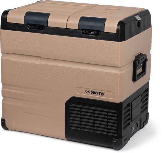 Steamy-E Dual Zone Elektrische Compressor Koelbox – Dual Zone – 54 liter – 12V en 230V – voor auto en camping – Sandstone