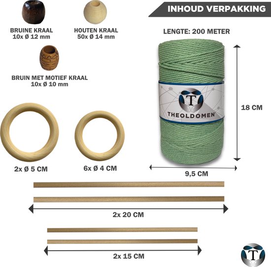 Macramé Pakket | 200 METER | Incl. Handleiding | Mintgroen | Starter Set | Ringen | Kralen |Stokken | Macramé Touw | 3mm | 100% Katoen | Macramé | Decoratie | DIY | Doe Het Zelf | Wandkleed | Dromenvanger | Plantenhanger | Tassen | TheOldOmen |