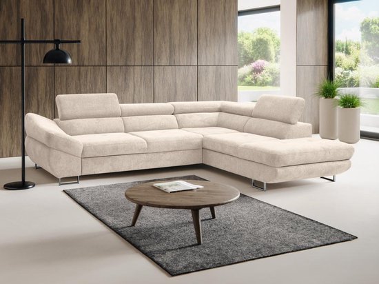 Hoekslaapbank met hoek rechts van beige stof met textuur DALIAS L 280 cm x H 69 cm x D 235 cm