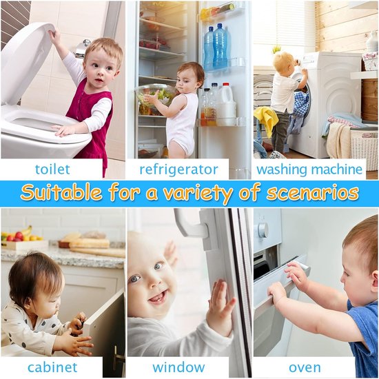 Baby's verkennen een toilet, koelkast, wasmachine, kast, raam en oven, beschermd door kindersloten.
