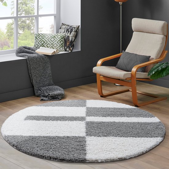 Carpet Shed Milano Gala Tapis rond à poils longs moderne gris clair crème - 200 cm rond