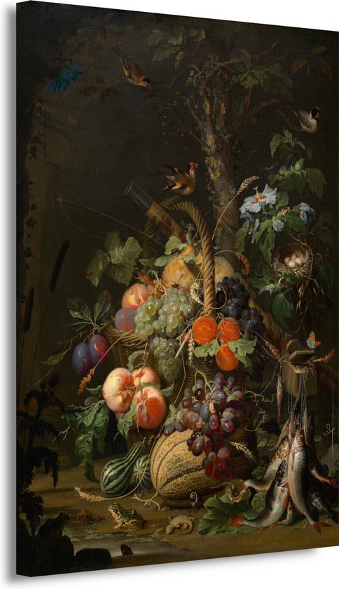 Stilleven met fruit, vis en een nest - Abraham Mignon schilderijen - Fruit schilderijen - Canvas schilderijen Natuur - Moderne schilderijen - Canvas keuken - Kunstwerken schilderij 50x70 cm