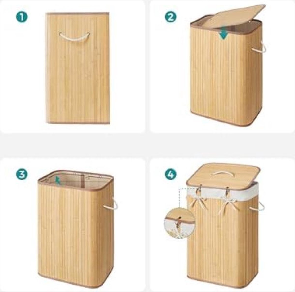 SONGMICS Bamboe wasmand, opvouwbare wasbak met deksel en uitneembare katoenen waszak, 72 L wasbox, waskist, 40 x 30 x 60 cm, zwart LCB10B