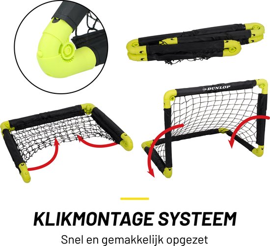 Montageinstructies voor een voetbaldoel: een detail van de connector, een opgevouwen doel, en twee manieren om het doel op te zetten. Tekst: 'KLIKMONTAGE SYSTEEM'.
