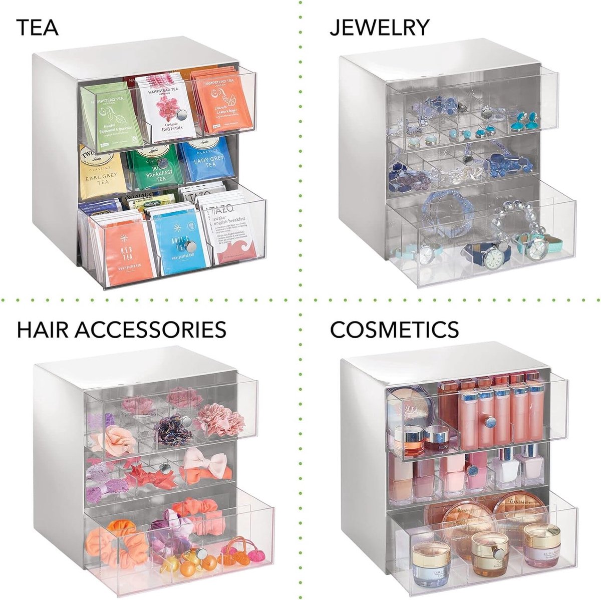 mDesign - Theedoos - keukenorganizer/opbergbox voor theezakjes, koffiepads, suiker en meer - met 27 compartimenten en 3 lades/plastic - doorzichtig