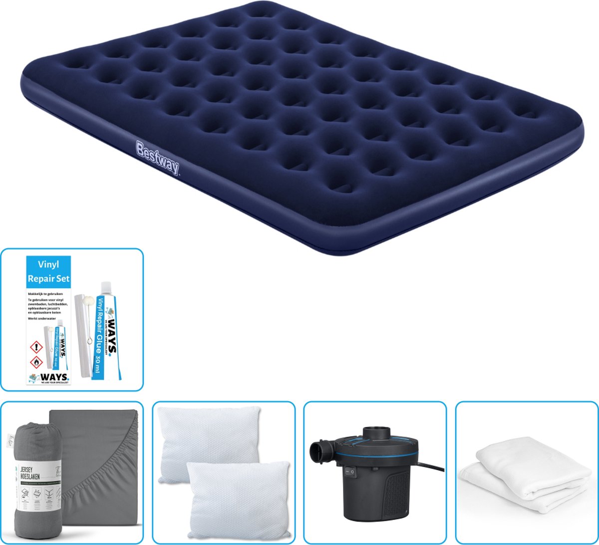 Bestway luchtbed - 2-Persoons - 152 x 203 x 22 cm - Blauw - Inclusief Hoeslaken - Kussen - Kussenbeschermer - Pomp en Reparatieset