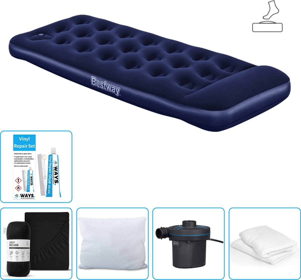 Bestway luchtbed - 1-Persoons - 76 x 185 x 28 cm - Blauw - Inclusief pomp - Hoeslaken - Kussen - Kussenbeschermer - Pomp en Reparatieset