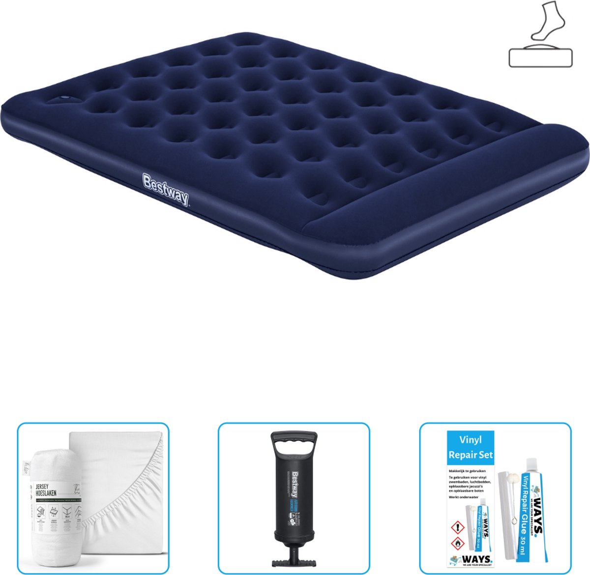 Bestway luchtbed - 2-Persoons - 152 x 203 x 28 cm - Blauw - Inclusief pomp - Hoeslaken - Pomp en Reparatieset