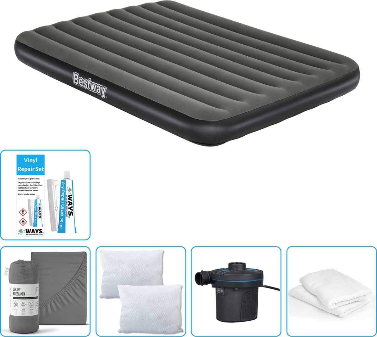 Bestway luchtbed - 2-Persoons - 152 x 203 x 25 cm - Groen - Inclusief Hoeslaken - Kussen - Kussenbeschermer - Pomp en Reparatieset