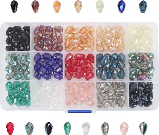 Kurtzy Glazen Sieraden Kralen Set (225 Pak) – 12 x 7,7 mm – 15 Kleuren – Losse Traan Kralen Voor DIY Kunst & Hobby Maken – Kleine Facet Kralen Voor Bedels met Plastic Opslag Doos