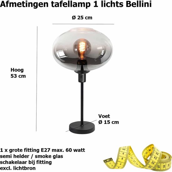 Tafellamp | 26 cm | Bellini | E27 | smoke zwart | glas metaal | modern sfeervol