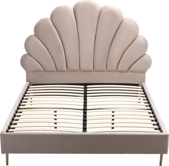 Letto A Conchiglia LIVAYA In Velluto Beige 160x200 Cm – Design Art Déco Con Rete A Doghe E Piedi Oro
