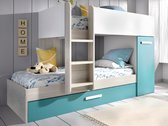 Bol.com Vente-unique Stapelbed met slaaplade en opbergruimtes 3 x 90 x 190 cm - Wit naturel en blauw - Met matras - ANTHONY L 24... aanbieding