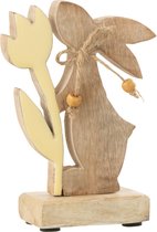 J-Line decoratie konijn Met Bloem - hout - geel - small