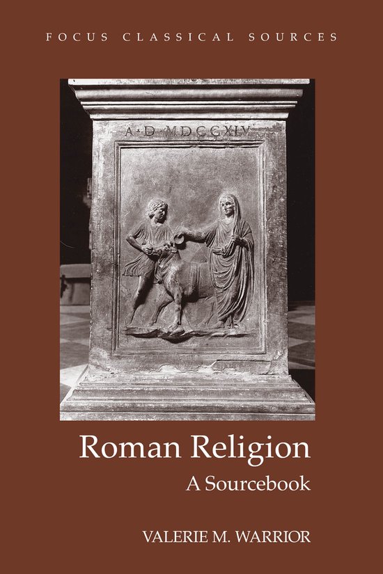 Livre 'Roman Religion A Sourcebook' avec un relief de figures romaines et un taureau.