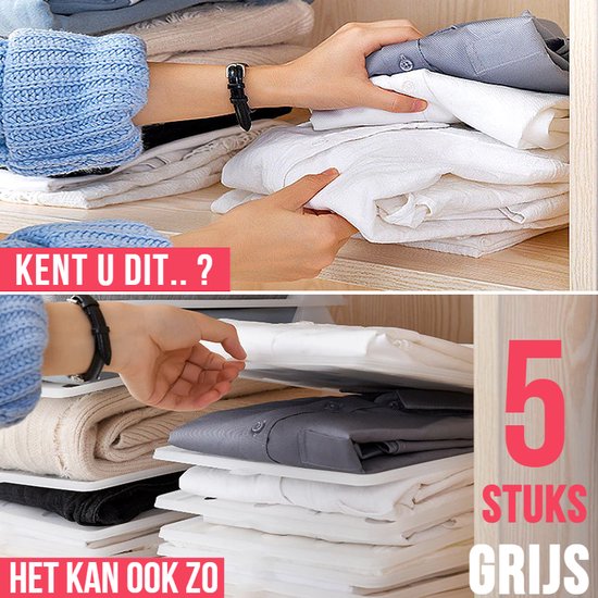 Stapel opgevouwen kleding op grijze plankjes in een kast. Tekst: Kent u dit..? Het kan ook zo. 5 STUKS GRIJS.