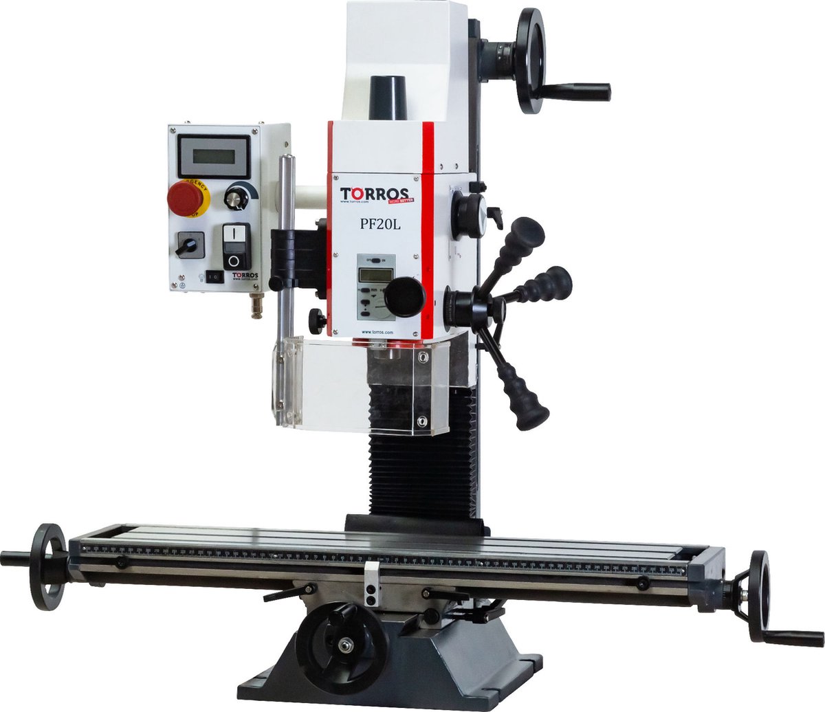 Boorfreesmachine X 480 mm Y 175 mm Z 280 mm MK2/M10 0,85 kW 230V variabele snelheden lange tafel Torros PF20L VARIO