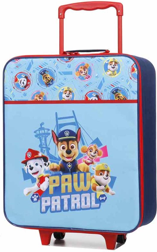 Blauwe koffer met Paw Patrol print en rode handgreep en wieltjes.