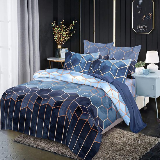 Beddengoed, 220 x 240 cm, 3-delig, blauw geruit, marmer, omkeerbaar beddengoed, geometrisch, modern, microvezel, dekbedovertrek met ritssluiting en 2 kussenslopen 80 x 80 cm