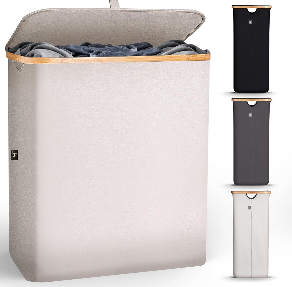 Goedkoopste Grote Wasmand met Deksel 2 Vakken | 140L Waszak | Wasmand voor Badkamer en Slaapkamer | Moderne Wasverzamelaar met Handvatten | Opvouwbare Wasmand - Beige