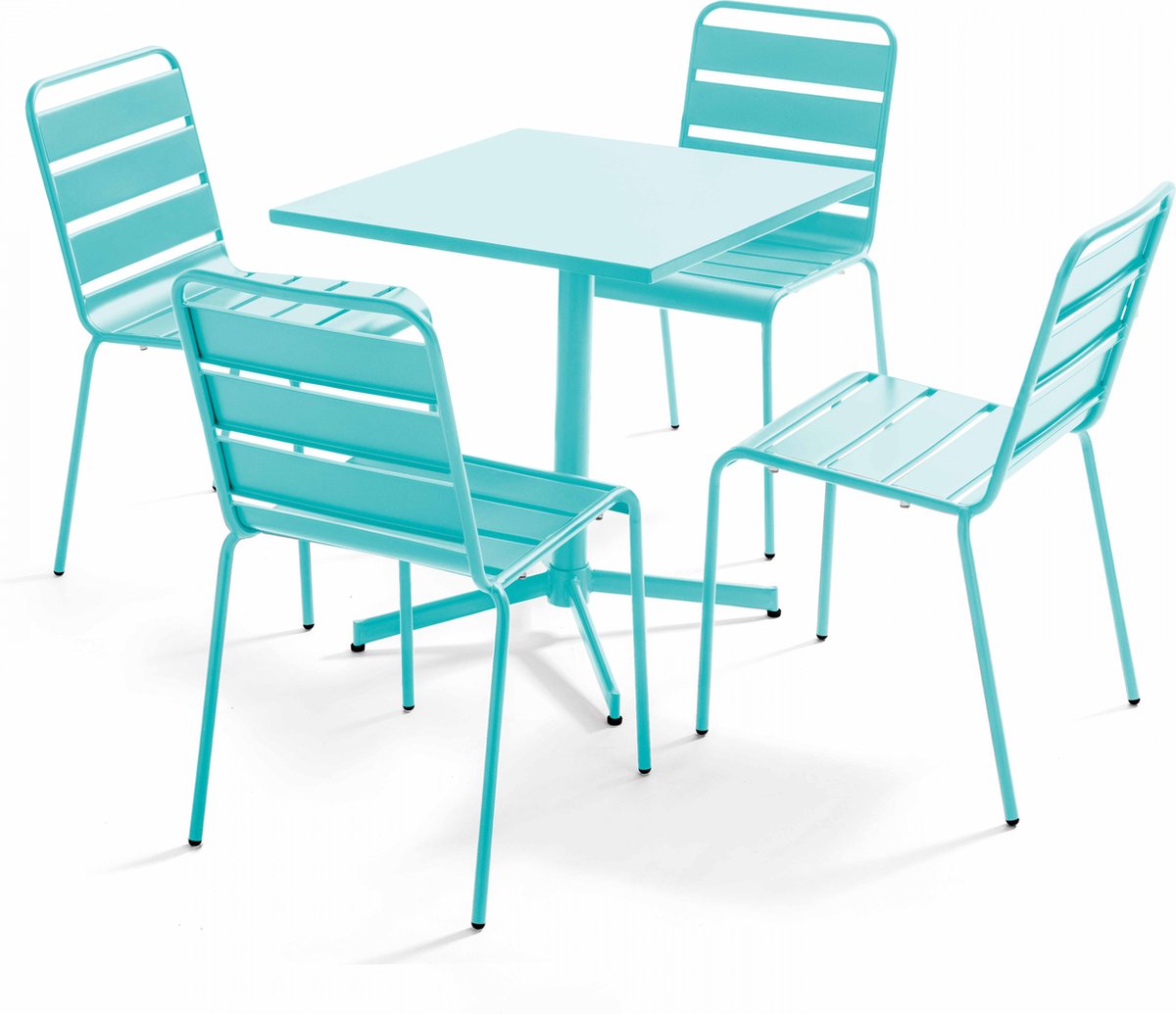 Oviala - Vierkante tafel en 4 stoelen van turquoise metaal - Palavas