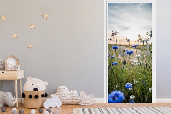 Deursticker Bloemen - Zomer - Korenbloem - Blauw - Zon - Wolken - 85x205 cm - Deurposter