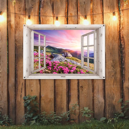 Tuinposter - Bloemen - Bergen - Landschap - Nacht - Lucht - Roze