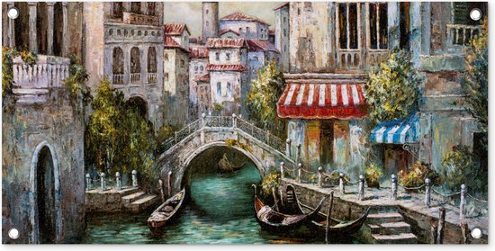 Tuinposter 80x40 cm - Tuindecoratie Schilderij - Olieverf - Water - Gracht - Italië - Poster voor in de tuin - Buiten decoratie - Schutting tuinschilderij - Tuindoek muurdecoratie - Wanddecoratie balkondoek