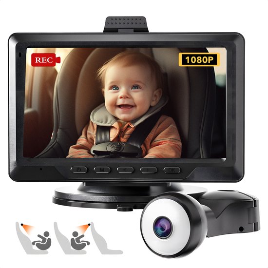 Foto: Redtiger baby auto camera 5 inch hd 1080p kleuren monitor met nachtvisie 360 verstelbaar inclusief zuignap bevestiging voorruit monitorbevestiging voor dashboard usb babyfoon met camera autospiegel baby baby monitor baby autostoel