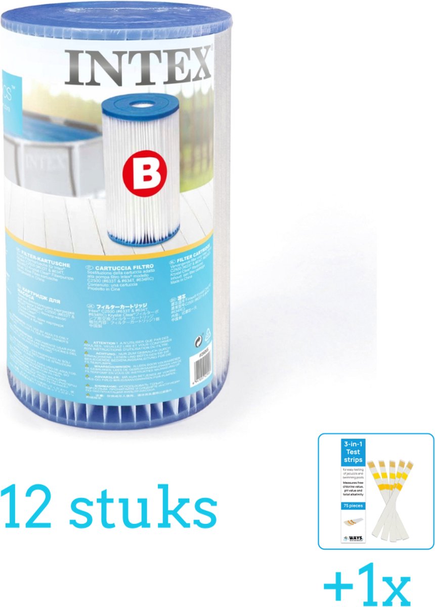 Intex Filtercartridge Type B 29005 Filter voor filterpomp 12 stuks Voordeelverpakking Inclusief WAYS Testrips (1 stuks) Type B filter Geschikt voor 28634GS Pomp