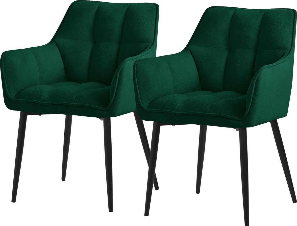 ml-design eetkamerstoelen set van 2 gemaakt van badstof, donkergroen, keukenstoel met dikke gestoffeerde zitting & metalen poten, woonkamerstoel met rugleuning en armleuningen, gestoffeerde stoel