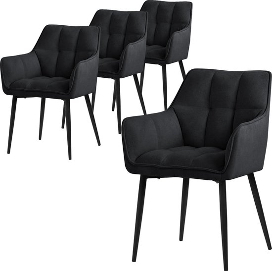 ML-Design eetkamerstoelen set van 4 gemaakt van badstof, zwart, keukenstoel met dikke gestoffeerde zitting & metalen poten, woonkamerstoel met rugleuning en armleuningen, ergonomische loungestoel