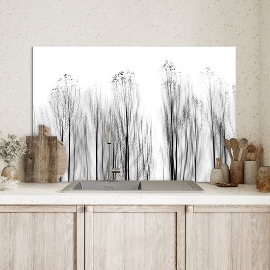 Spatscherm keuken 80x55 cm - Kookplaat achterwand Bomen - Zwart wit - Vogels - Natuur - Muurbeschermer - Spatwand fornuis - Hoogwaardig aluminium